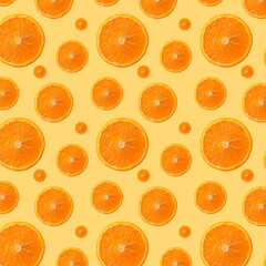 Seamless pattern of Orange Fruit slice. Healthy food lifestile. Food background. gift wrapping paper, textile print design. Trendy colors Summer tropical exotic fruit pattern, concept