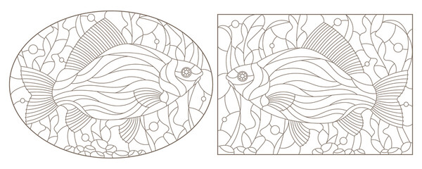 A set of contour illustrations in the stained glass style with carp fishes on a background of algae, dark contours on a white background