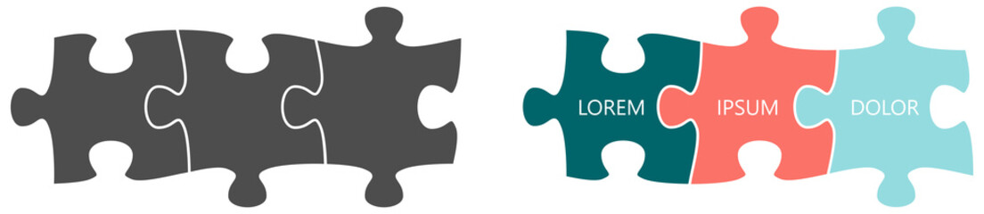 Simple three connected jigsaw puzzle pieces illustration, gray and colour version