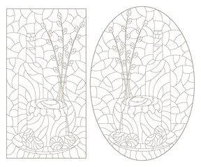 Set of contour illustrations in the style of stained glass with Easter still lifes, dark outline on a white background