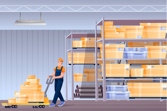 Warehouse worker cartoon character. Handymen loading cardboard boxes. Storehouse employee using forklifter professional equipment. Distribution, logistics, shipment isolated clipart.