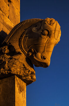 The Bull capital Carved Achaemenid columns in Persepolis, Iran.