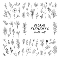 Flowers and leaves doodle collection. Hand drawn floral ornaments. Decorative plants illustrations.