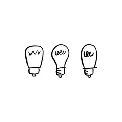 Light bulb doodle collection. Hand drawn simple electric lamps, symbols of ideas, solutions, innovation and creativity.