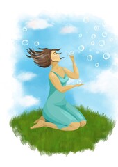 Having fun, summer concept. Positive young pretty girl playing with air bubbles blowing air bubble, having fun on sunny day outdoor
