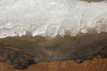 The edge of melting ice on the sand of the bay on a sunny spring day for a natural background or texture