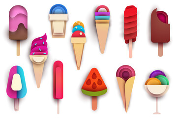 Set of cartoon ice cream in modern geometric paper cut style. Collection minimalistic colorful design element. Vector illustration.