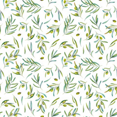 Watercolor seamless pattern of olive branch with green leaves, white background