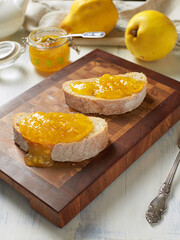 Close-up of sliced pieces of Italian bread with quince jam