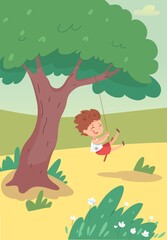 Fototapeta na wymiar Happy kid on swing in park on summer day. Boy having fun playing during holiday vacation. Cute child swinging on tree and laughing on playground. Outdoor activities in nature vector illustration
