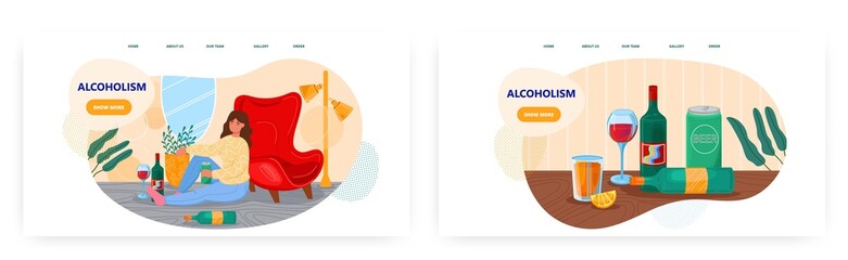 Alcoholism landing page design, website banner vector template set. Woman drinking beer, wine alone. Alcohol addiction.