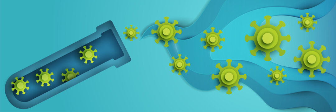 Green bacteria, molecule or virus in blue test tube. Modern paper cut style. Craft origami design background. Minimalistic colorful geometric concept for banner. Vector illustration.