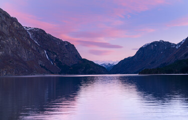 Sunset over Lake Sandvinvatnet from a campground in the town of Odda, Norway, Scandinavia