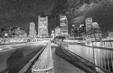 Boston Skyscrapers and River under a starry night, Massachusetts