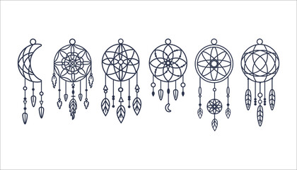 Beautiful decorative dream catchers set isolated on white background. Traditional Native American symbol. Vector illustration