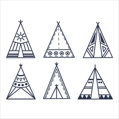 Set of six wigwams isolated on a white background. Decorative elements of the Native American tribe. Vector illustration © Zoryana Vasiltsova