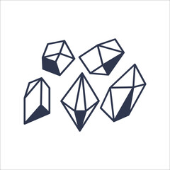 Set of cute geometric crystals isolated on white background. Gems, diamonds, boho stones. Vector illustration