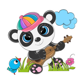Panda vector is made on a white background, perfect for png for prints on children's clothes. A funny panda bear in a cartoon style with a guitar in raps sits on the green grass.
