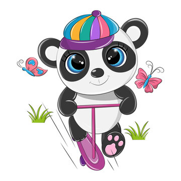 Cute panda bear on a pink scooter with a cute smile and beautiful eyes. The isolated animal is shown on a white background and will work well for baby products.