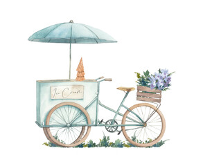 Ice cream bicycle illustration. Watercolor isolated artwork on white background. Street food gelato scene