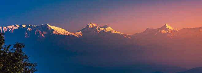 View of Himalayas mountain range with visible silhouettes through the colorful fog at Binsar, a hill station in Almora district, Uttarakhand, India. - obrazy, fototapety, plakaty