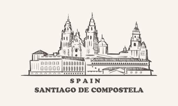 Santiago De Compostela cityscape sketch hand drawn , spain vector illustration