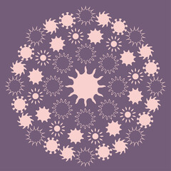 Round abstract ornament with light coral suns on a gray violet background. Vector, eps 10.