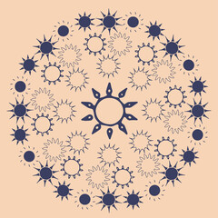 Round abstract ornament with dark blue suns on a yellow orange background. Vector, eps 10.