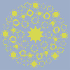 Round abstract ornament with yellow suns on a gray background. Vector, eps 10.