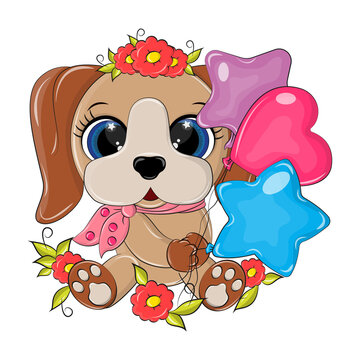 Funny isolated puppy with a cute smile and balloons in its paws. Vector illustration of a dog is made in a cartoon style, the character is sitting surrounded by flowers.