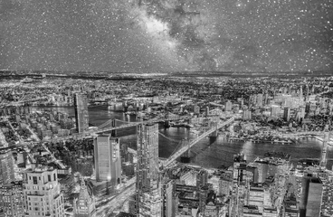 Door stickers Black and white Amazing night aerial view of Brooklyn and Manhattan Bridges, east River and skyscrapers, New York City