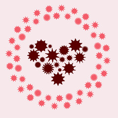 Round pink frame made of suns with dark brown heart shaped ornament  inside it, on a light pink backdrop. Can be used for t-shirt prints, cards, posters, banners. Vector