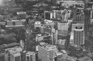 AUCKLAND, NZ - AUGUST 26, 2018: Aerial city view from Sky Tower. Auckland skyline at sunset