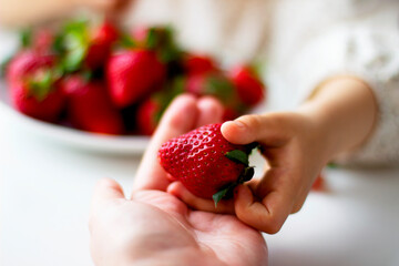 Ripe red strawberries in female hands and children's hands. Healthy vitamin snack for kids. Ripe fresh berries. Harvest season. Natural vitamins	.