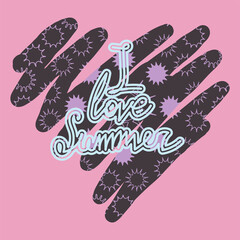 Handwritten lettering text "I love summer" with pink doodle suns in shape of heart on a pink background for prints, posters, banners, cards. Vector illustration
