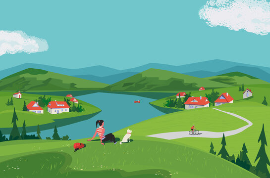 Mountain green valley scene vector landscape. Summer season scenic view poster. River side village in mountains. Girl, dog travel to countryside cartoon illustration. Nature outdoors trip background
