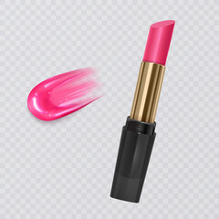 Realistic lipstick and liquid lipstick on transparent background, bright pink lipstick