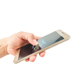 Woman holding mobile phone on white background stock photo