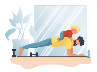 Young man doing push ups. Father exercising and playing with baby son. Vector flat cartoon illustration on white background. Concept for stay at home indoor doing sport during COVID-19