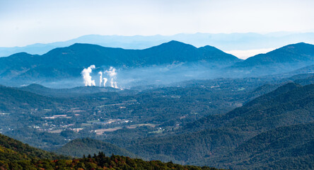 White Plumes of Smoke Rising in the Appalachian Mountains Viewed Along the Blue Ridge Parkway