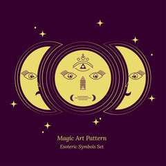 Esoteric symbol of face of moon in reflection, phases of moon. Illustration of magic session, a look into future, connection with universe. Vector drawing for tarot cards, groups, web pages.