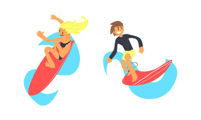 Fototapeta na wymiar Male and Female Surfer Riding Moving Wave of Water Standing on Surfboard Vector Set