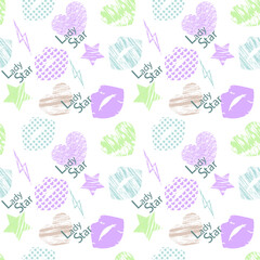 Seamless pattern with the inscription "Lady Star", lips, hearts, lightning, stars, scuffs.