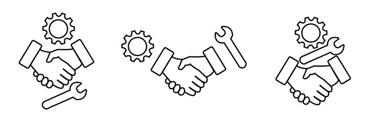 Installation company icon set. Shaking hands, wrench and gear.