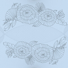 Sketch of flowers on a light blue background. Hand drawn sketch of a bouquet with dandelions and tulip