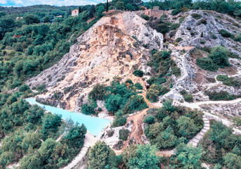 Aerial view of Bagno Vignoni natural pools along the hills, Tuscany