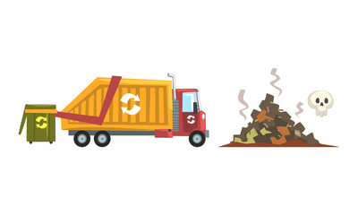 Waste Sorting and Litter Recycling with Refuse-collecting Truck and Dump Vector Set