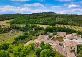 Fototapeta na wymiar Aerial view of Bagno Vignoni natural pools along the hills, Tuscany