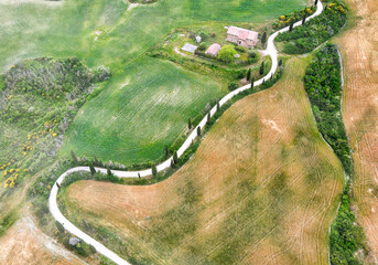 Famous cypress hill of Monticchiello, Tuscany. Aerial view from drone in spring season