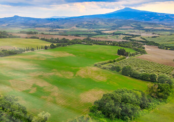 Aerial view of Tuscany Hills in spring season from drone